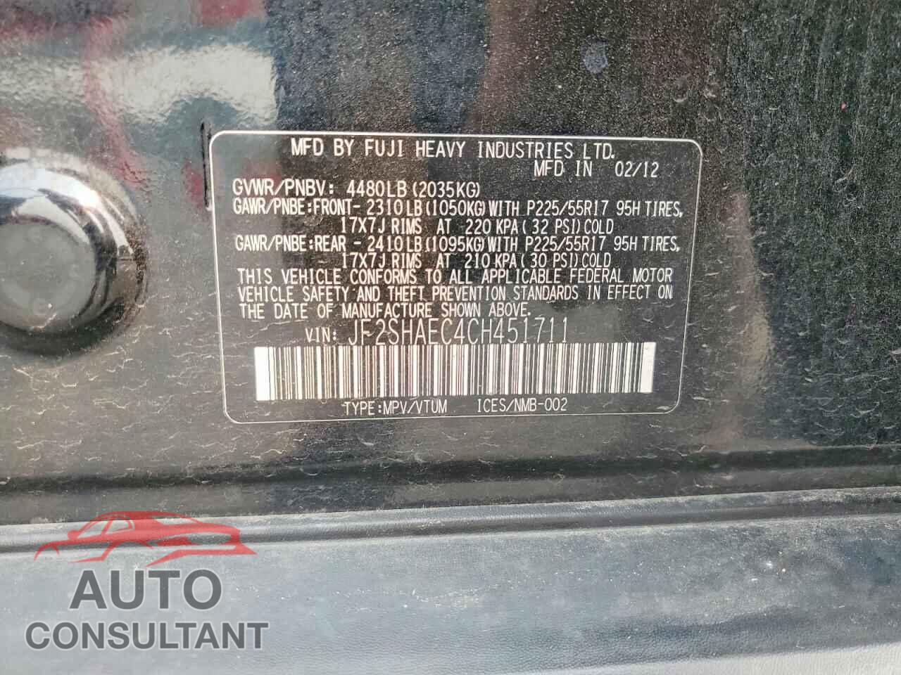 SUBARU FORESTER 2012 - JF2SHAEC4CH451711