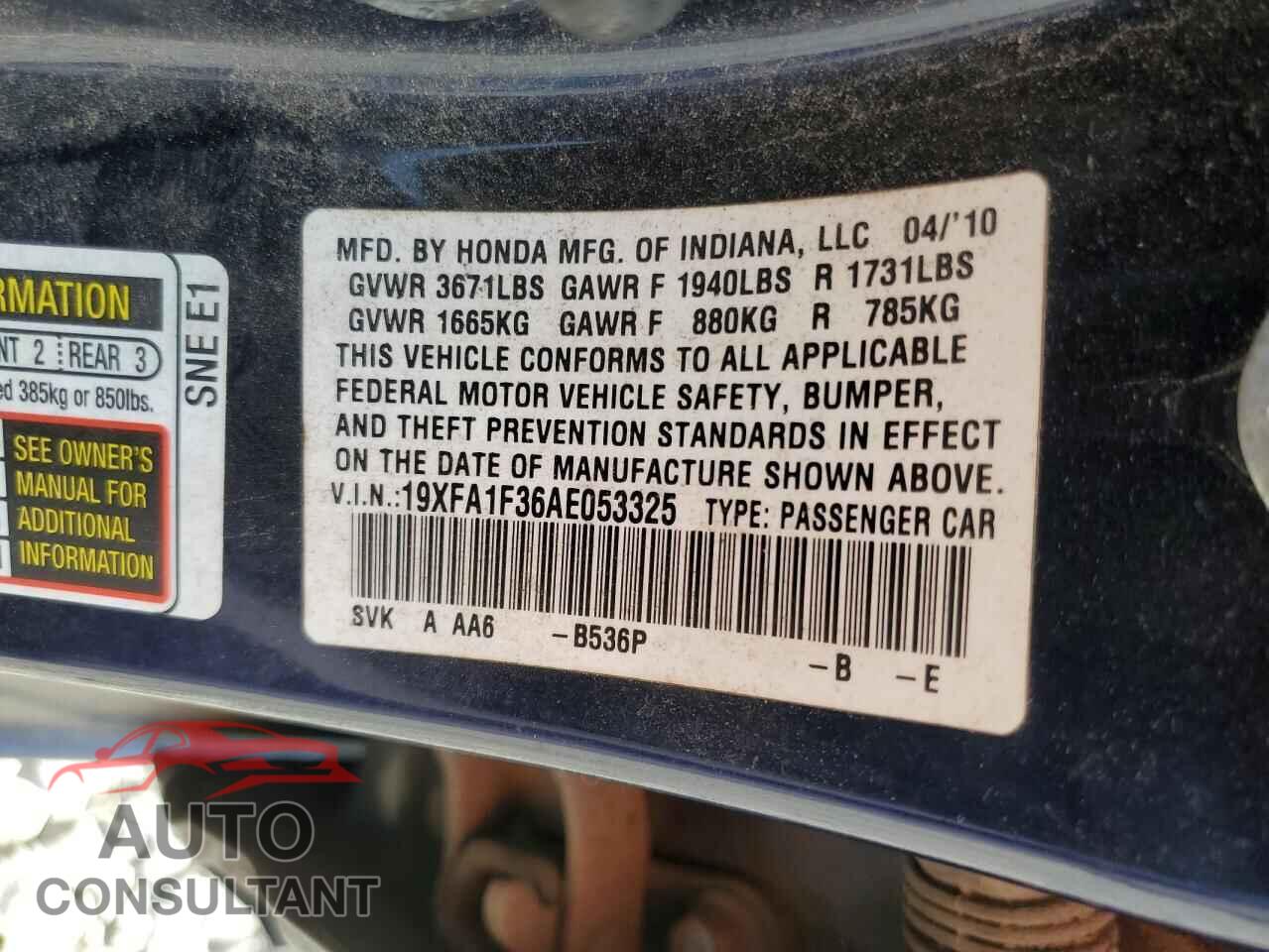 HONDA CIVIC 2010 - 19XFA1F36AE053325