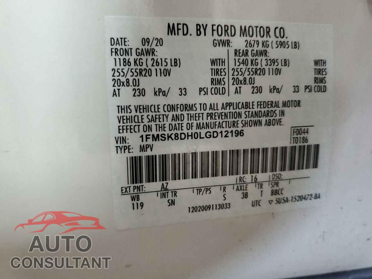 FORD EXPLORER 2020 - 1FMSK8DH0LGD12196