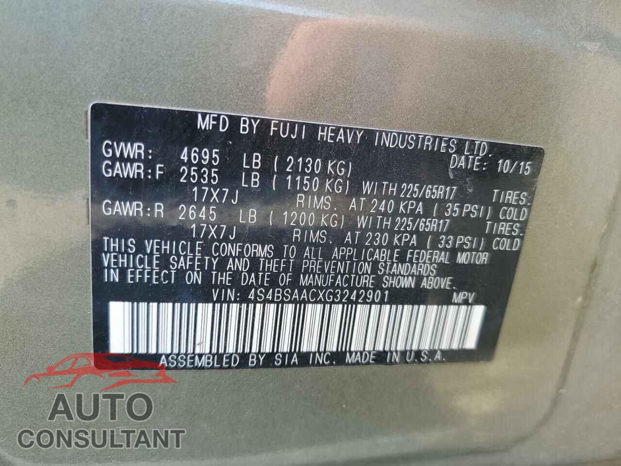 SUBARU OUTBACK 2016 - 4S4BSAACXG3242901