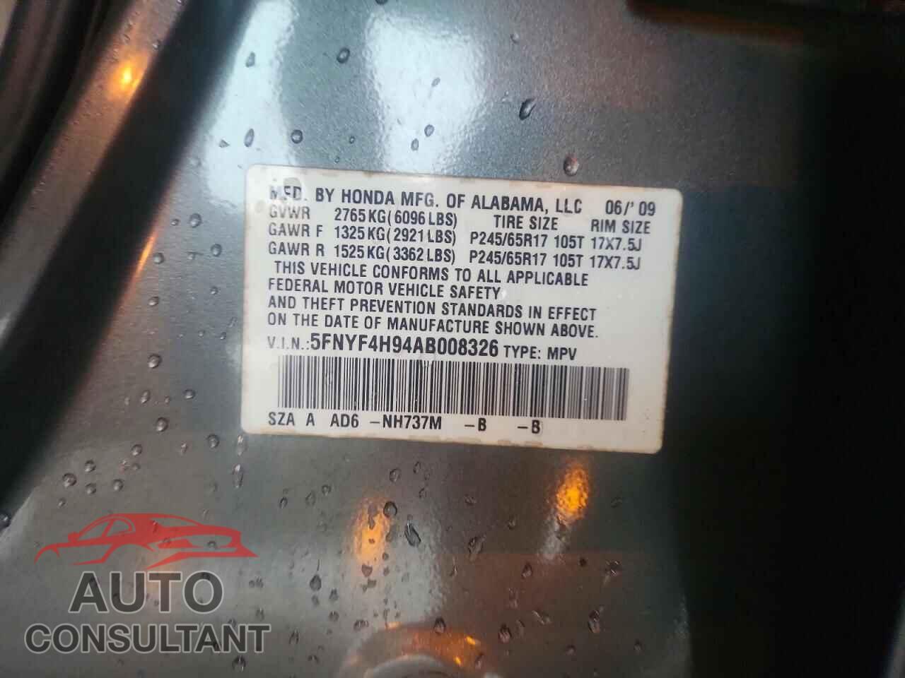 HONDA PILOT 2010 - 5FNYF4H94AB008326