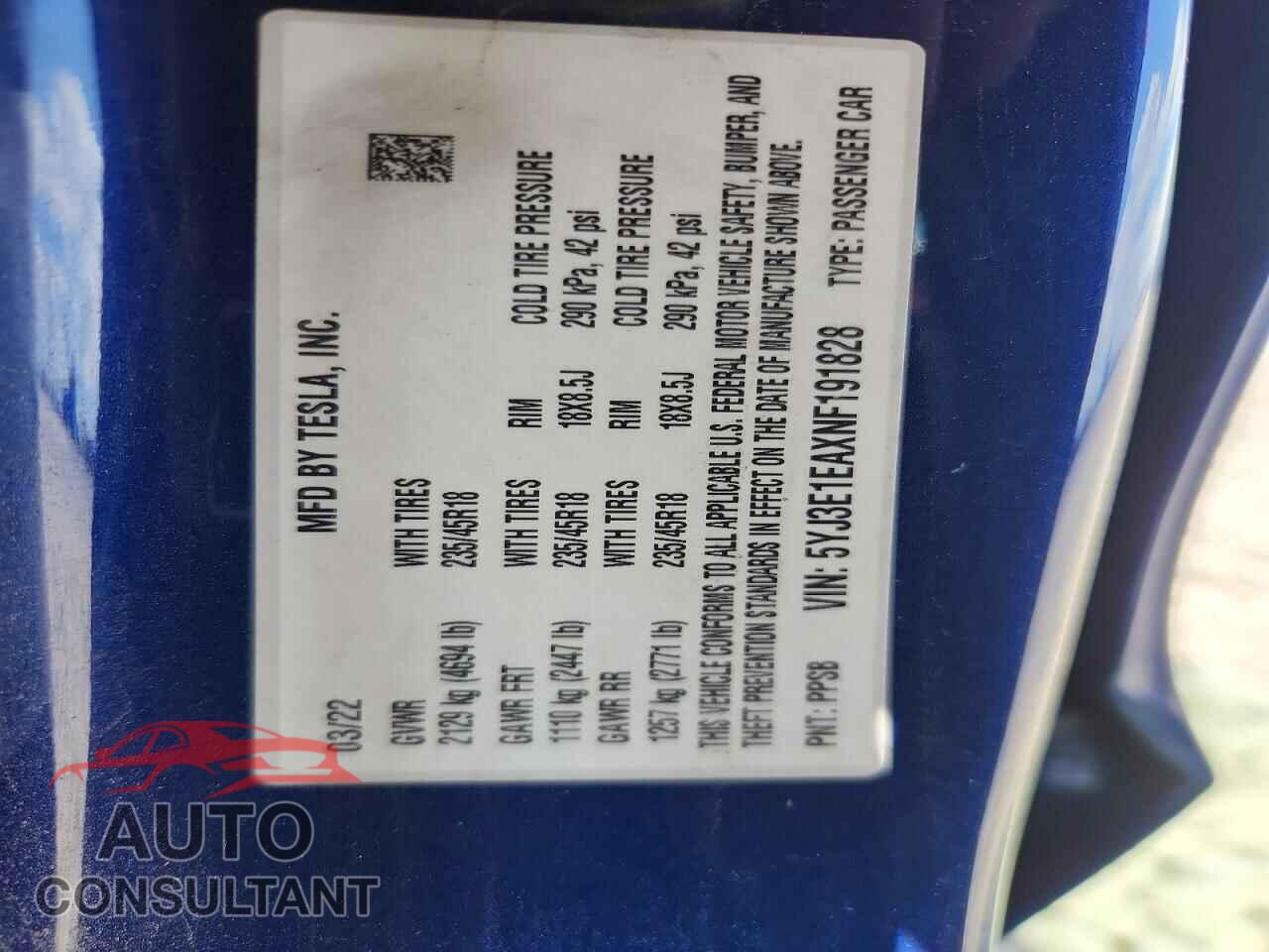 TESLA MODEL 3 2022 - 5YJ3E1EAXNF191828
