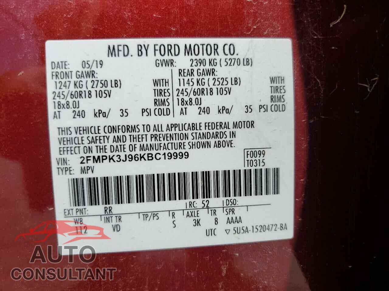 FORD EDGE 2019 - 2FMPK3J96KBC19999