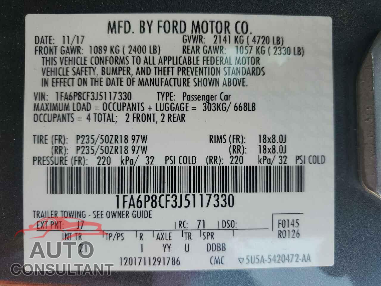 FORD MUSTANG 2018 - 1FA6P8CF3J5117330