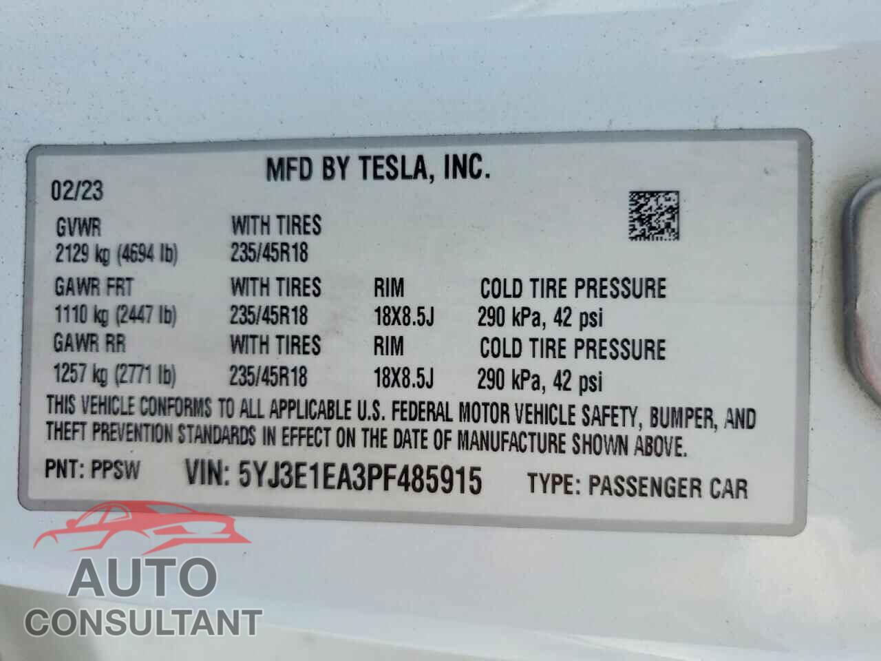 TESLA MODEL 3 2023 - 5YJ3E1EA3PF485915