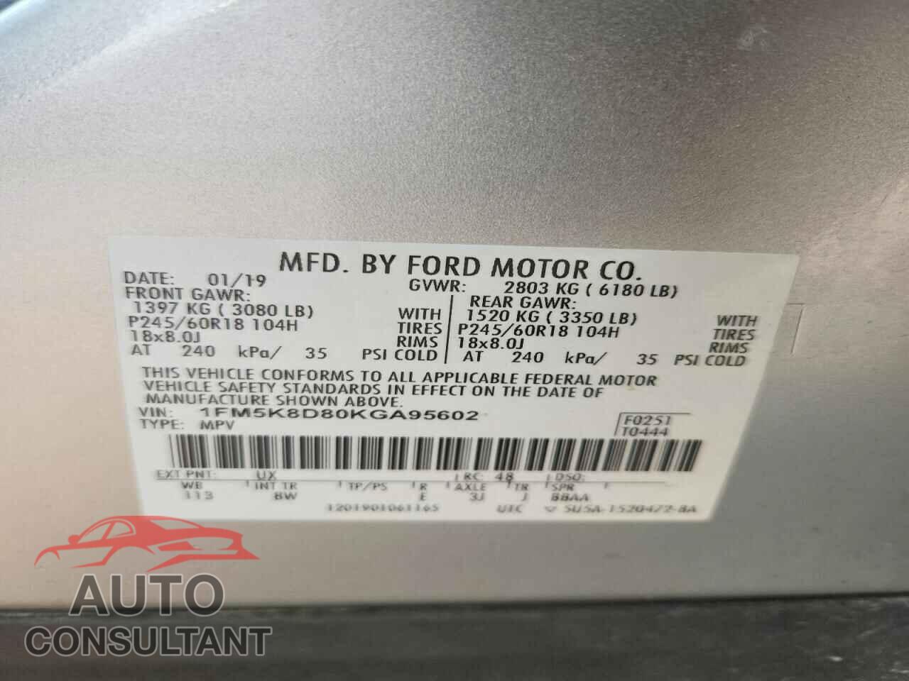 FORD EXPLORER 2019 - 1FM5K8D80KGA95602