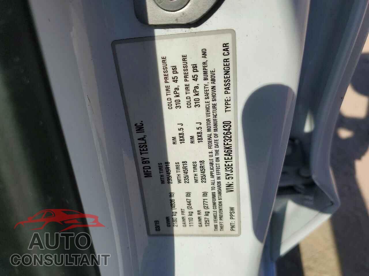TESLA MODEL 3 2019 - 5YJ3E1EA6KF326430