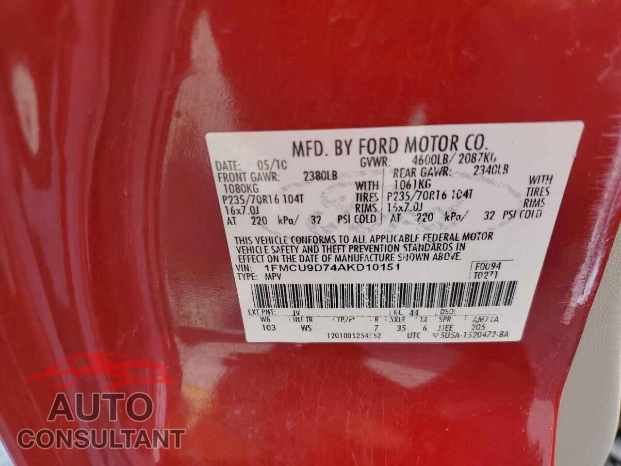FORD ESCAPE 2010 - 1FMCU9D74AKD10151