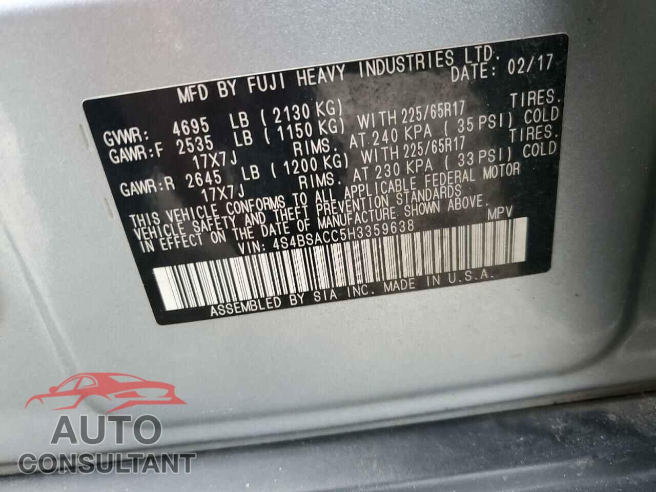 SUBARU OUTBACK 2017 - 4S4BSACC5H3359638