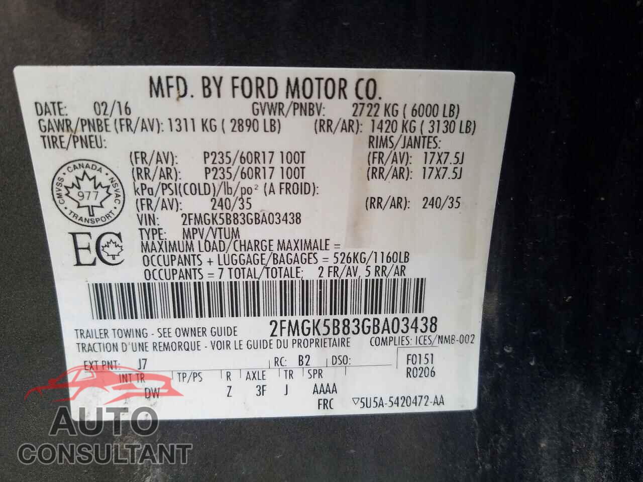 FORD FLEX 2016 - 2FMGK5B83GBA03438