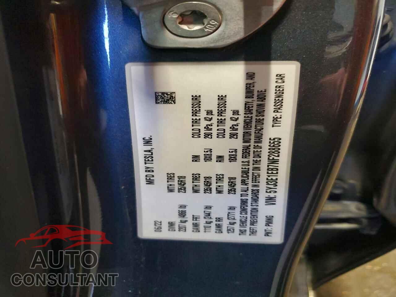 TESLA MODEL 3 2022 - 5YJ3E1EB7NF288655