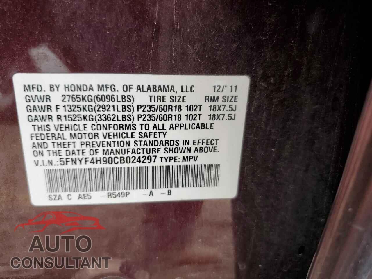 HONDA PILOT 2012 - 5FNYF4H90CB024297