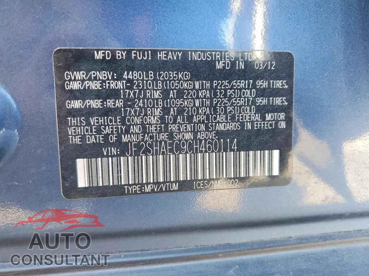 SUBARU FORESTER 2012 - JF2SHAEC9CH460114