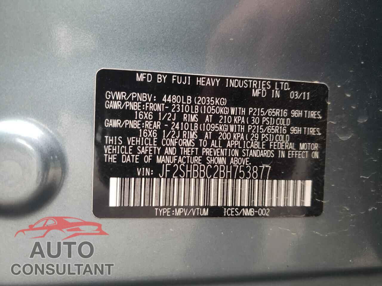 SUBARU FORESTER 2011 - JF2SHBBC2BH753877