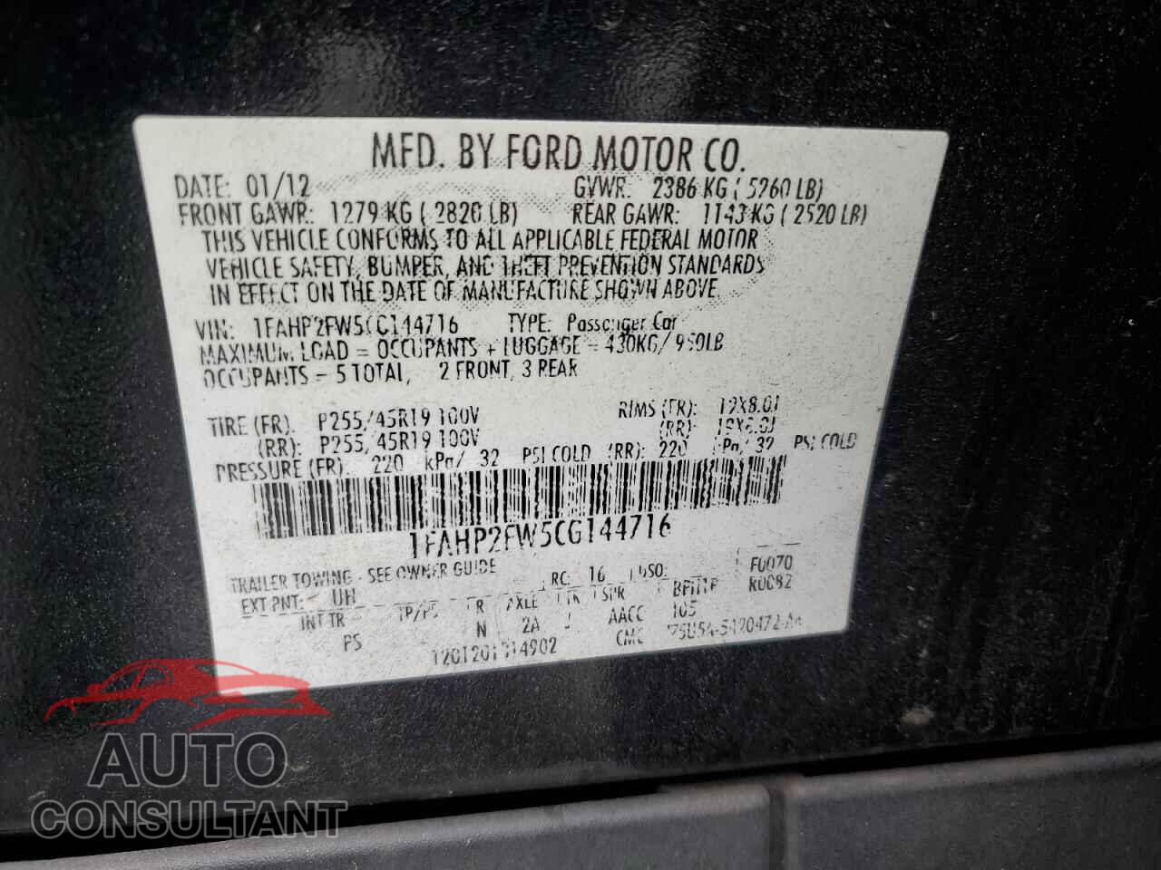 FORD TAURUS 2012 - 1FAHP2FW5CG144716