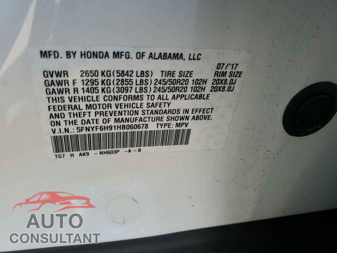 HONDA PILOT 2017 - 5FNYF6H91HB060678