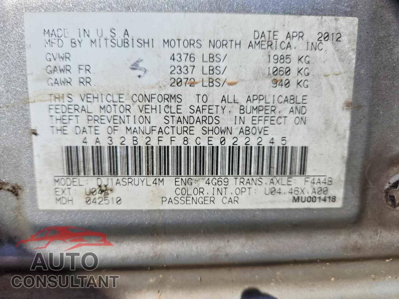 MITSUBISHI GALANT 2012 - 4A32B2FF8CE022245