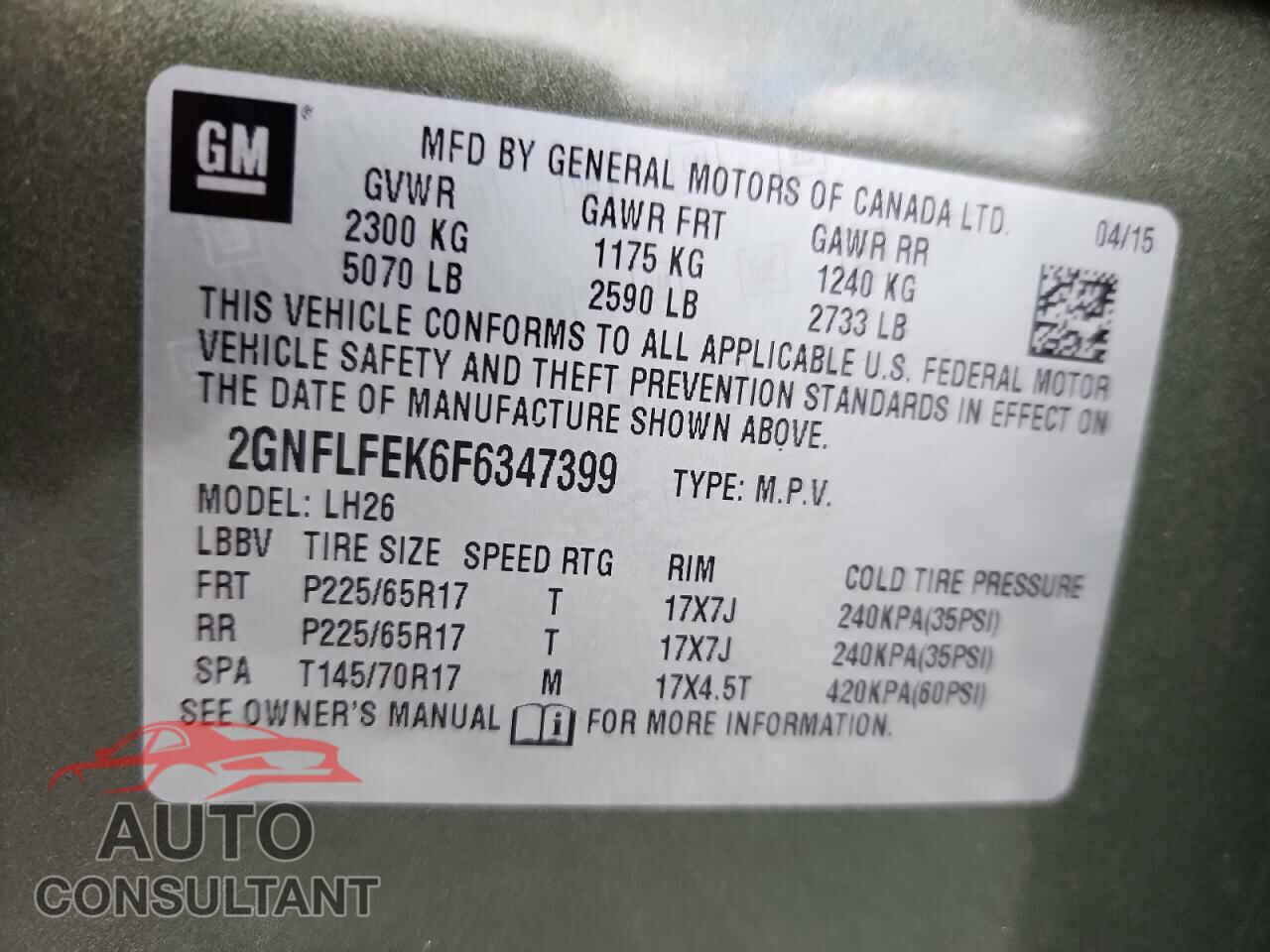 CHEVROLET EQUINOX 2015 - 2GNFLFEK6F6347399