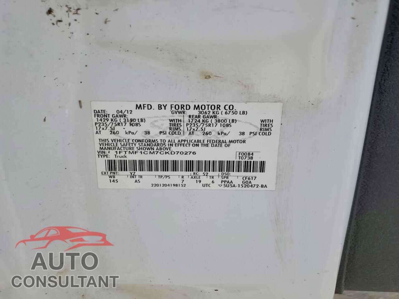 FORD F150 2012 - 1FTMF1CM7CKD70276