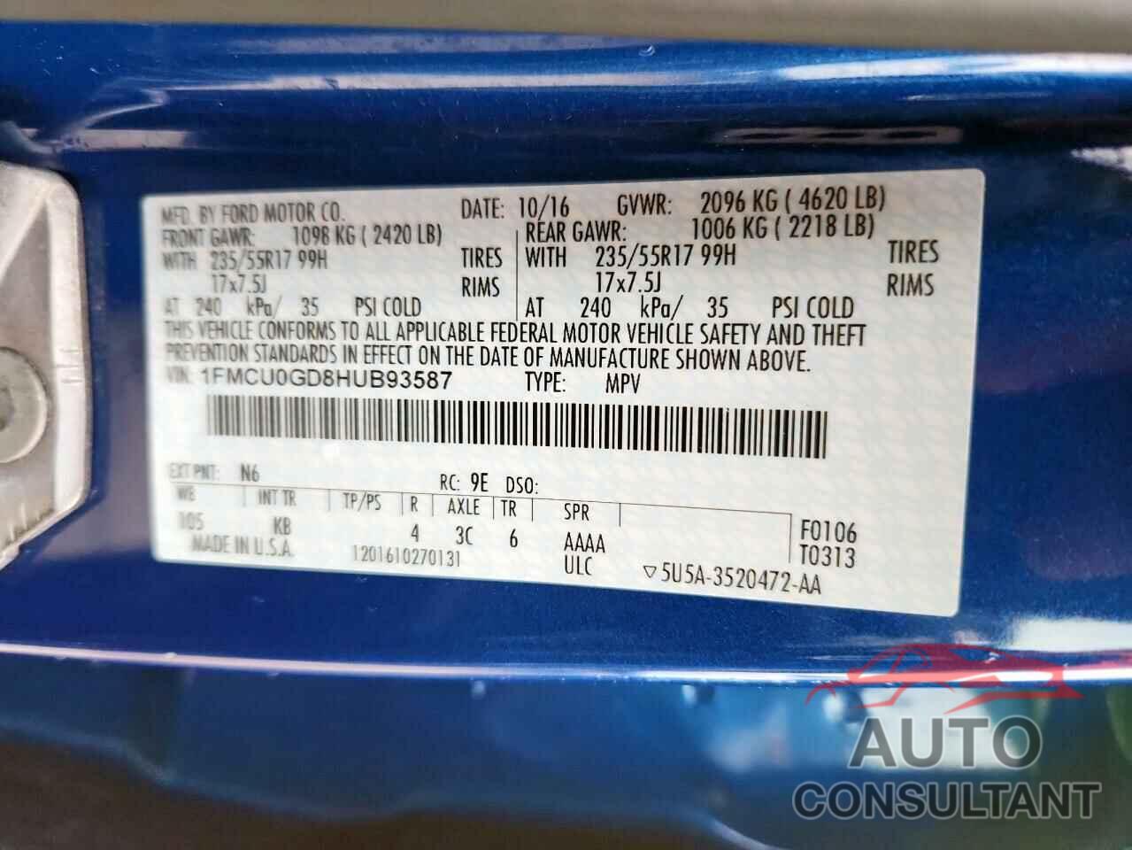FORD ESCAPE 2017 - 1FMCU0GD8HUB93587