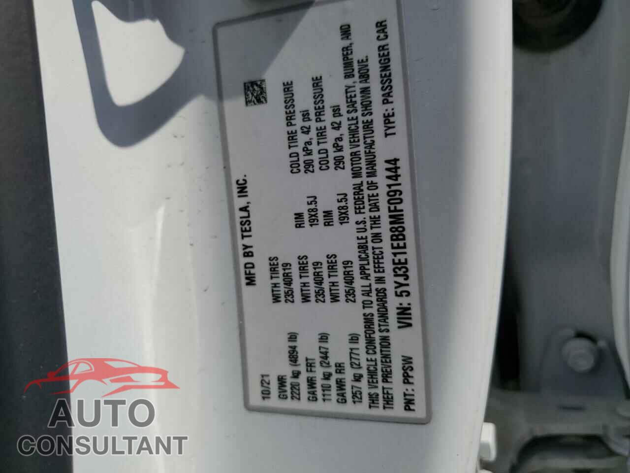 TESLA MODEL 3 2021 - 5YJ3E1EB8MF091444