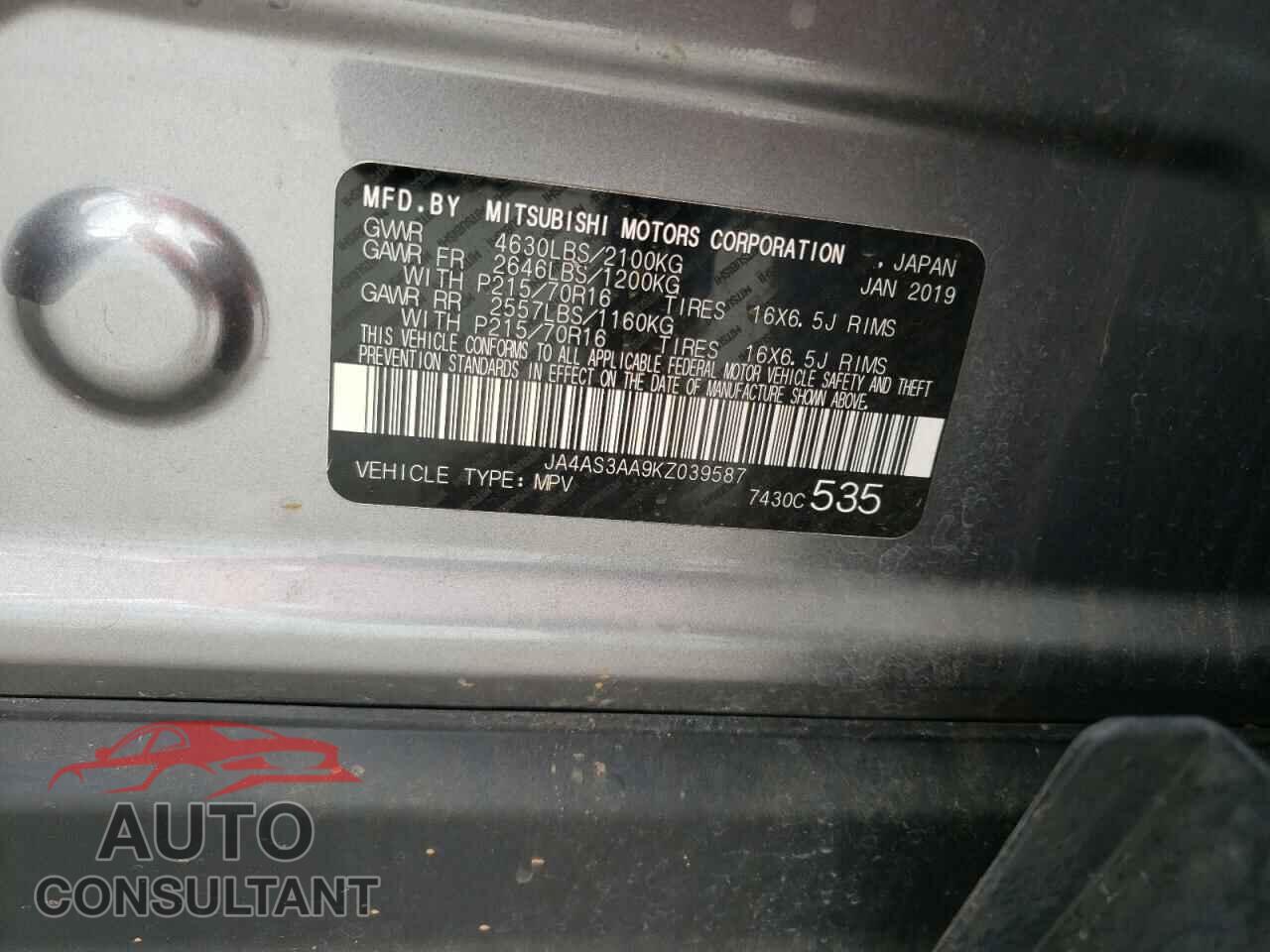 MITSUBISHI ECLIPSE 2019 - JA4AS3AA9KZ039587