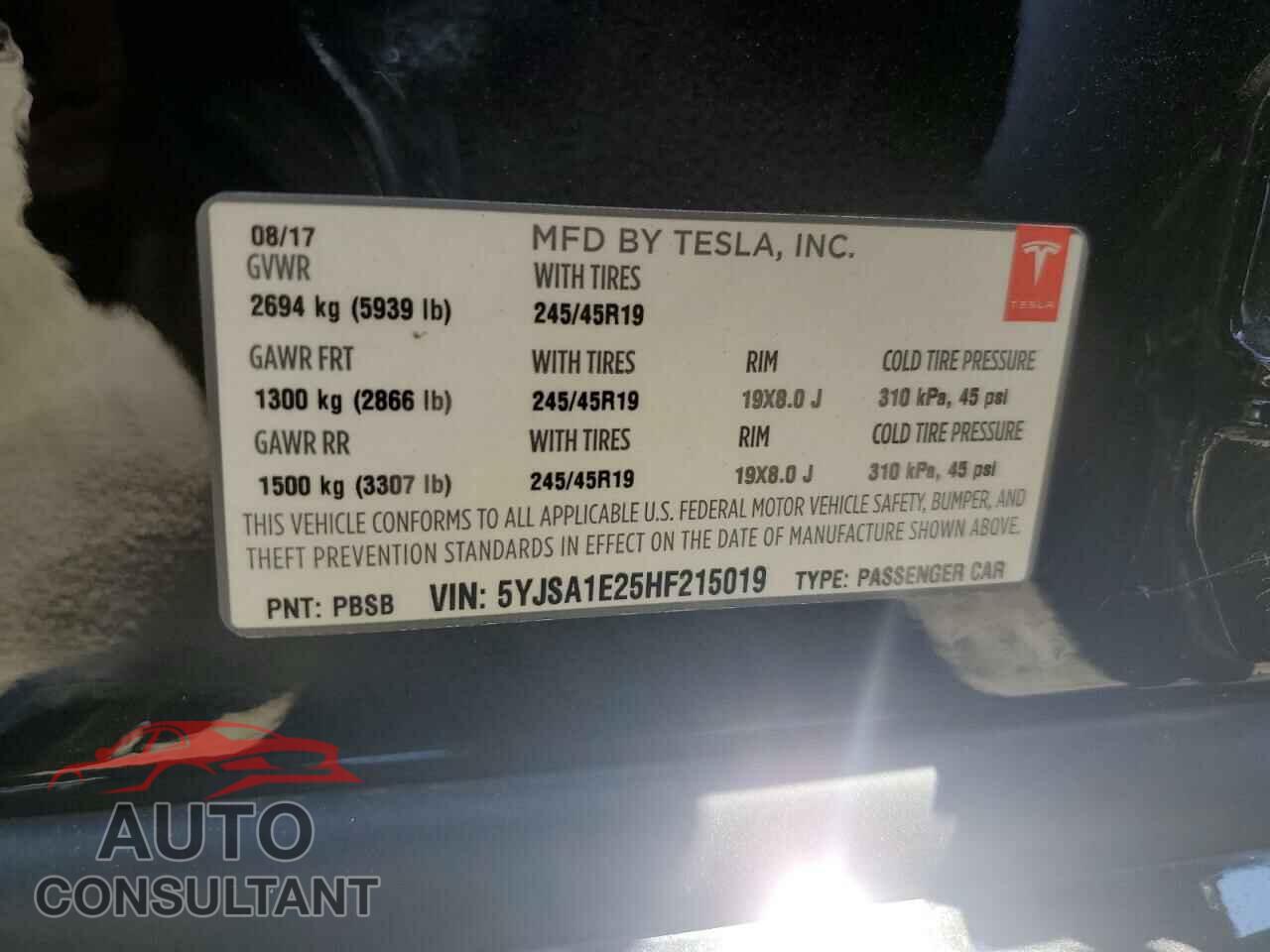 TESLA MODEL S 2017 - 5YJSA1E25HF215019