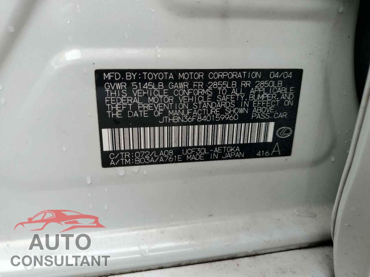 LEXUS LS430 2004 - JTHBN36F840159960
