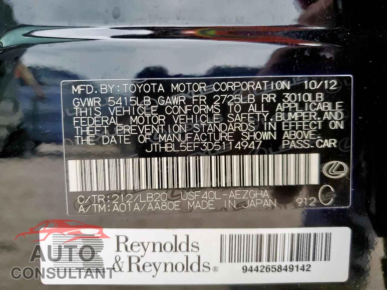 LEXUS LS460 2013 - JTHBL5EF3D5114947