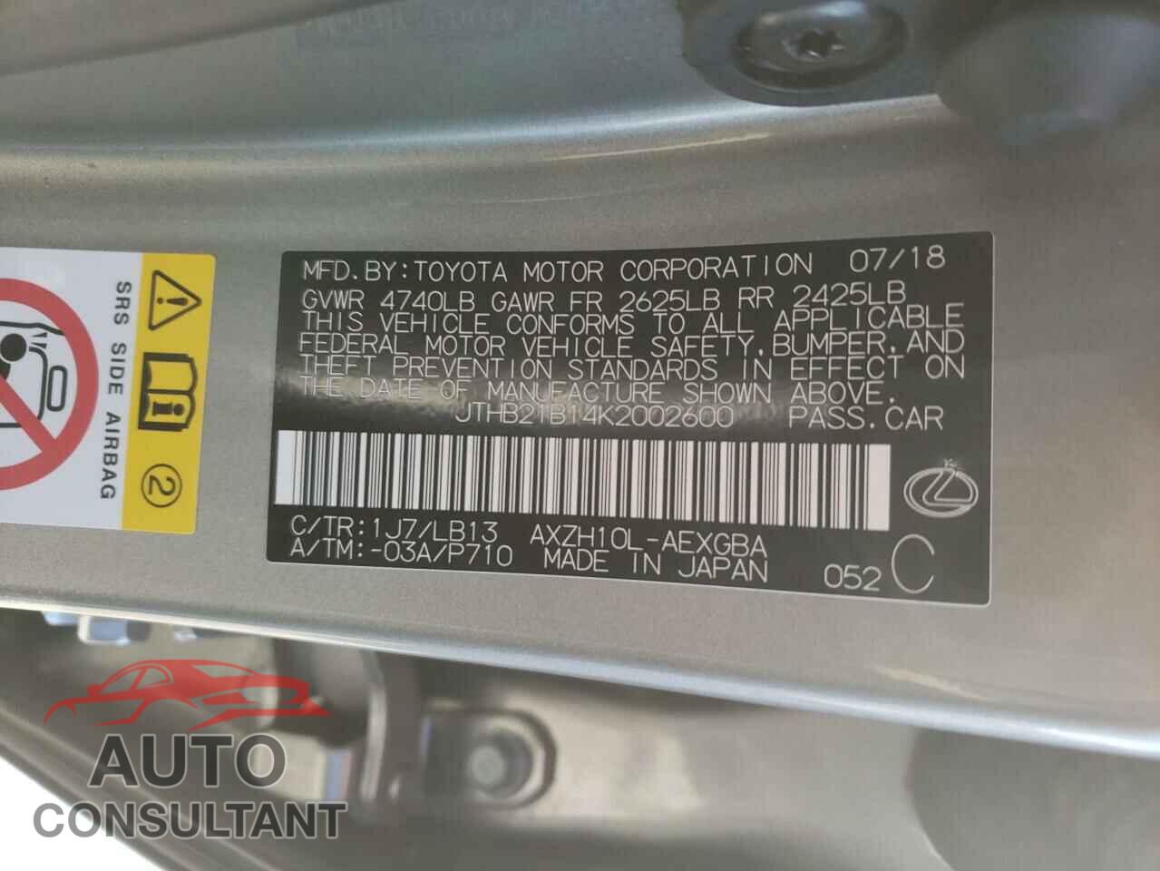 LEXUS ES300 2019 - JTHB21B14K2002600