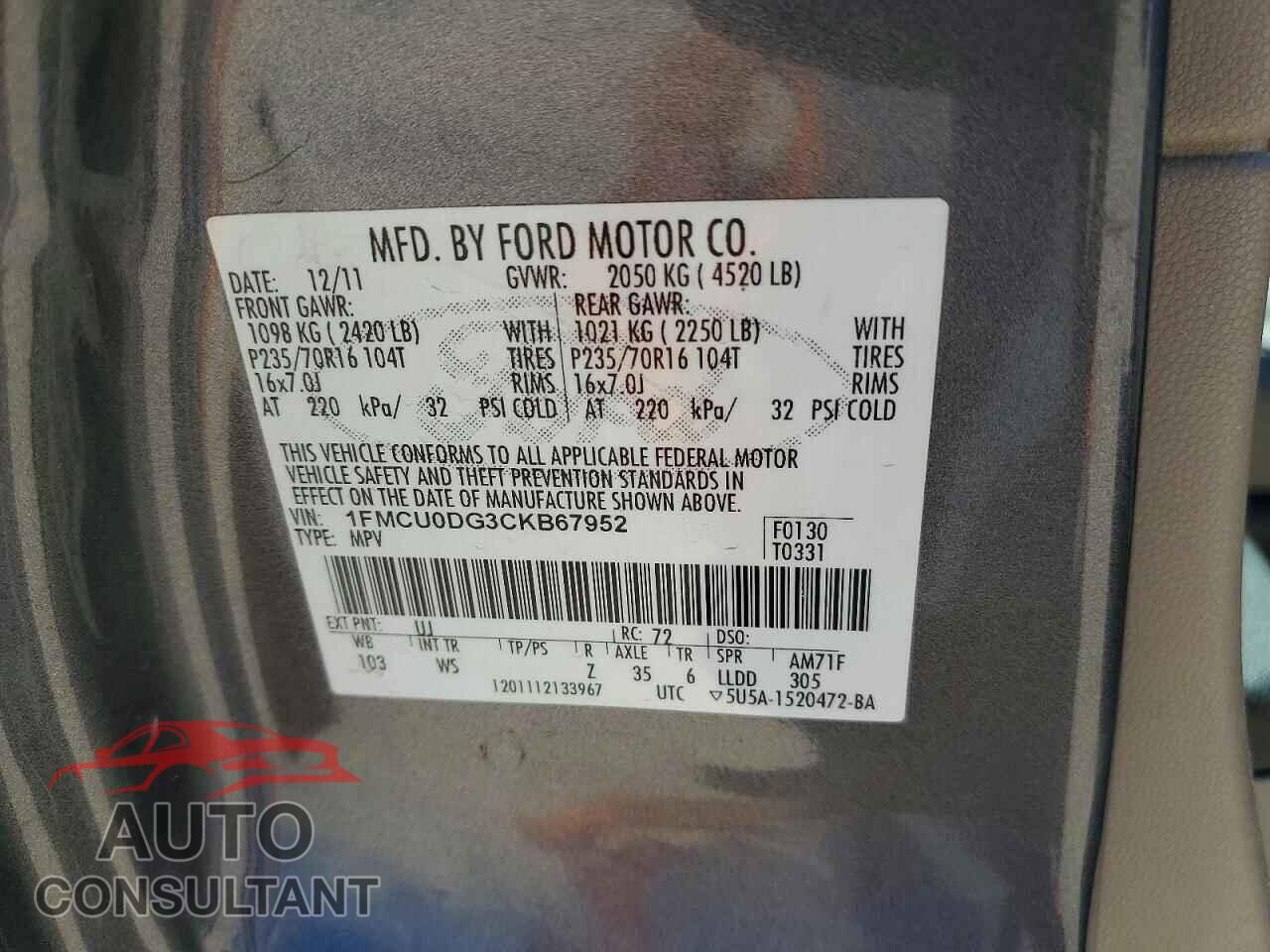 FORD ESCAPE 2012 - 1FMCU0DG3CKB67952