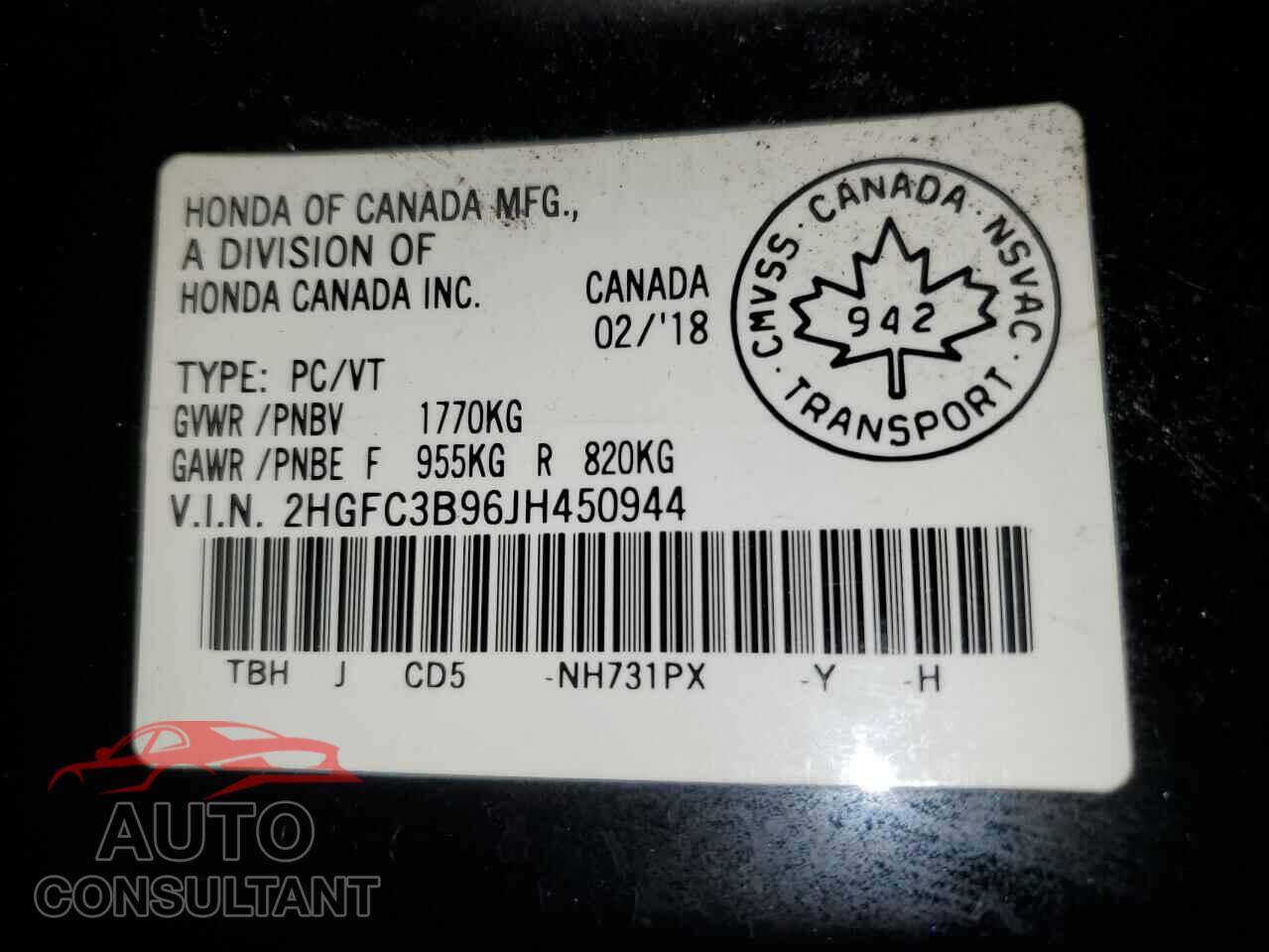 HONDA CIVIC 2018 - 2HGFC3B96JH450944