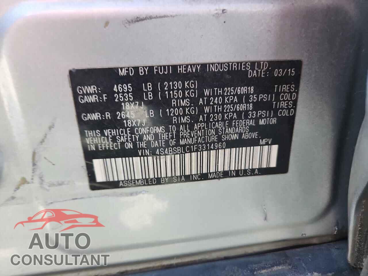 SUBARU OUTBACK 2015 - 4S4BSBLC1F3314960
