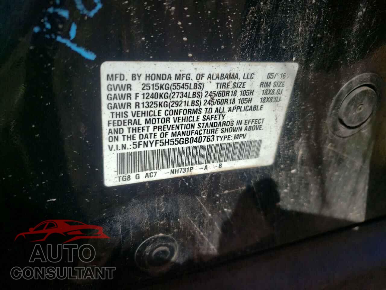 HONDA PILOT 2016 - 5FNYF5H55GB040763