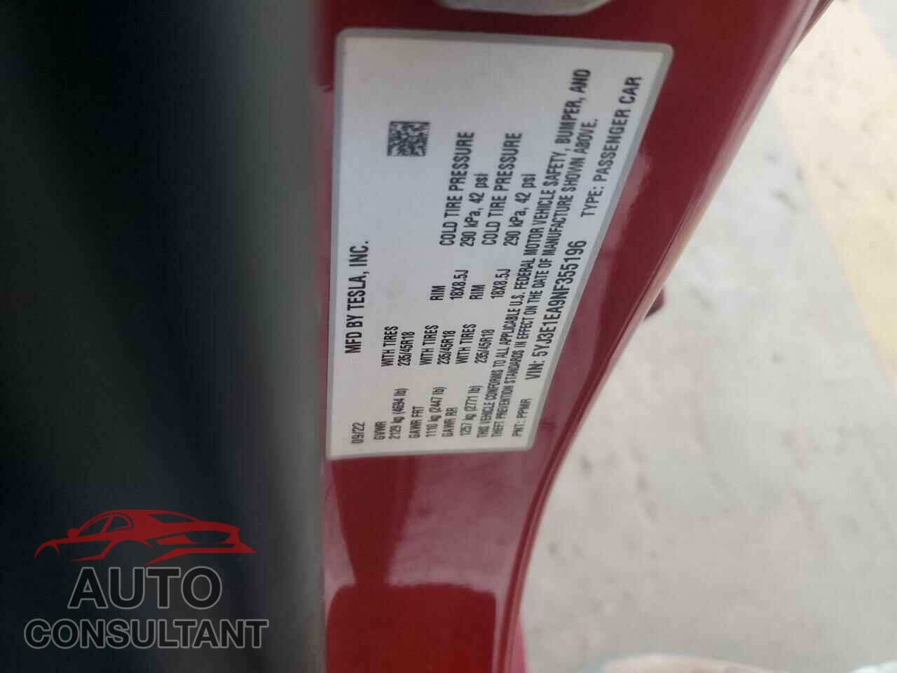 TESLA MODEL 3 2022 - 5YJ3E1EA9NF355196