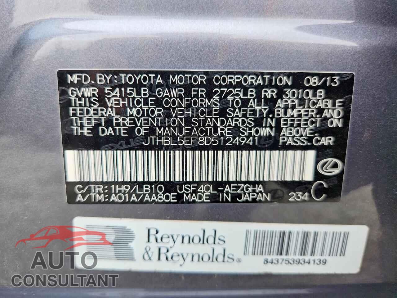 LEXUS LS460 2013 - JTHBL5EF8D5124941