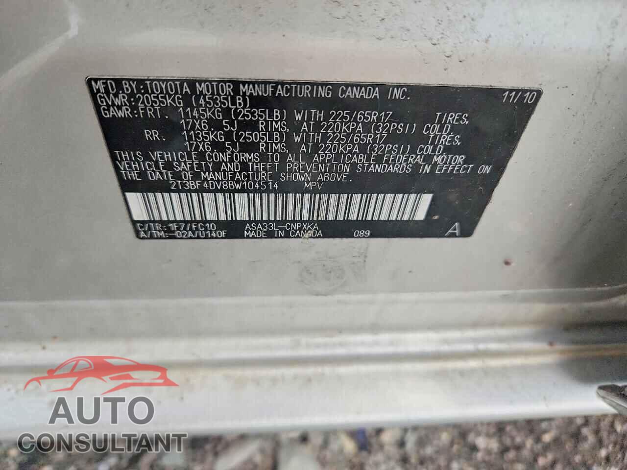 TOYOTA RAV4 2011 - 2T3BF4DV8BW104514