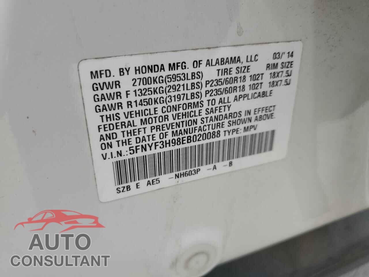 HONDA PILOT 2014 - 5FNYF3H98EB020088