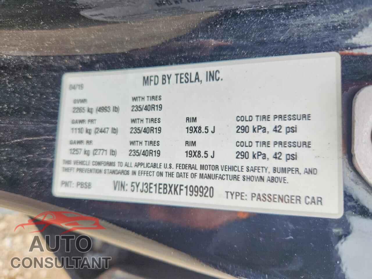 TESLA MODEL 3 2019 - 5YJ3E1EBXKF199920