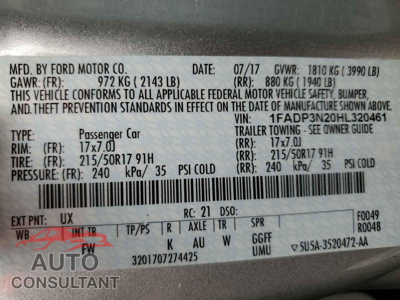 FORD FOCUS 2017 - 1FADP3N20HL320461