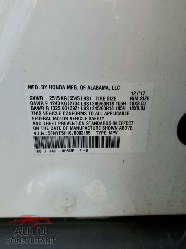 HONDA PILOT 2018 - 5FNYF5H16JB002155