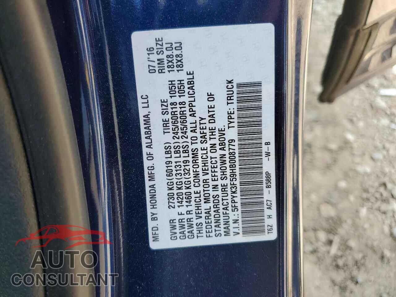 HONDA RIDGELINE 2017 - 5FPYK3F59HB008779