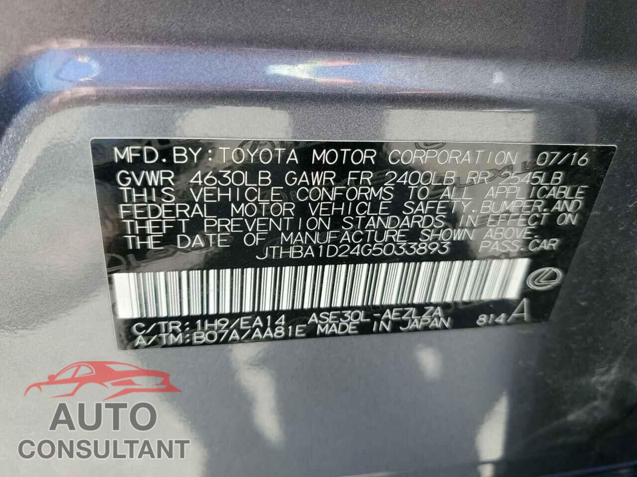 LEXUS IS 2016 - JTHBA1D24G5033893