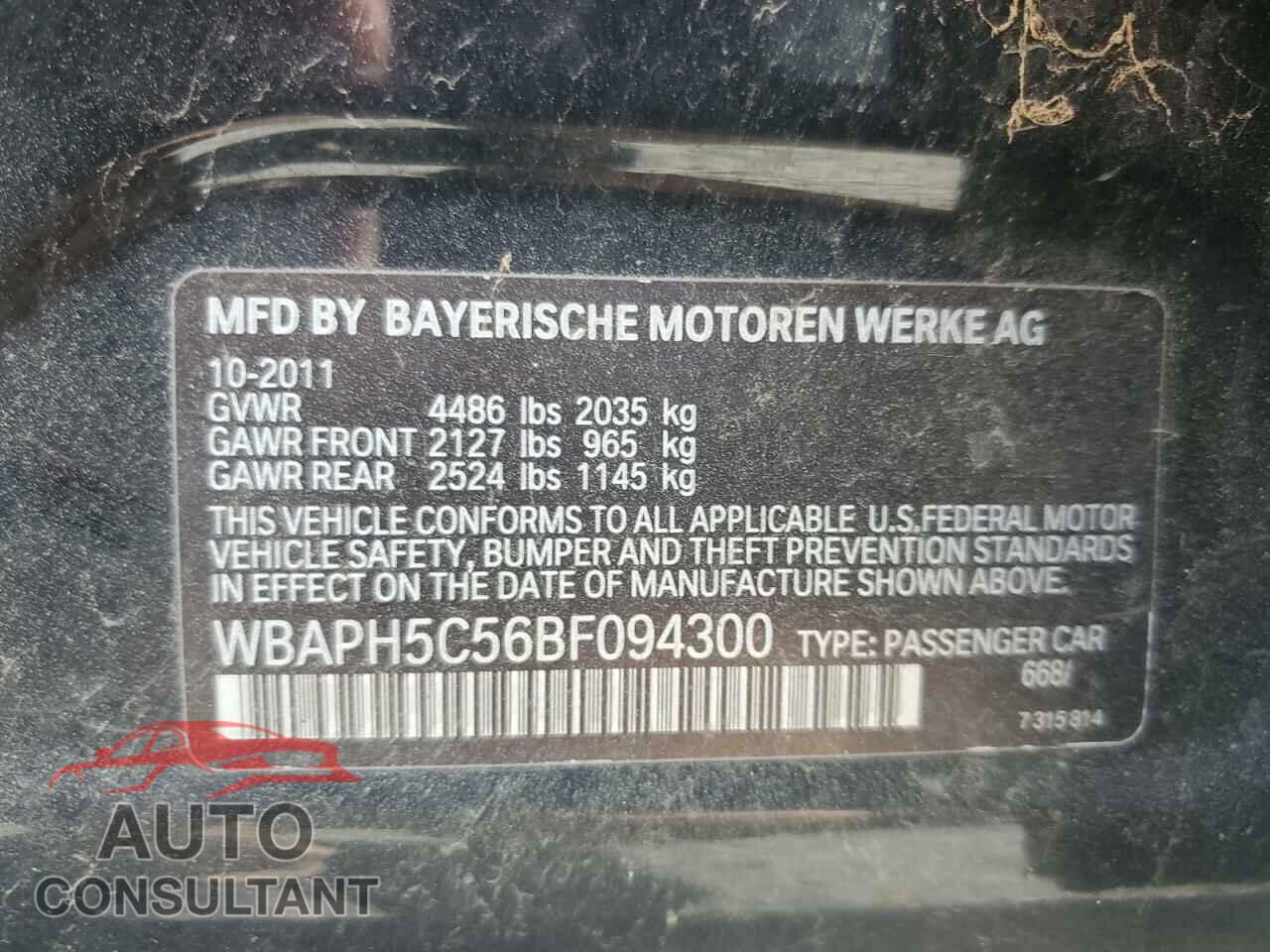 BMW 3 SERIES 2011 - WBAPH5C56BF094300