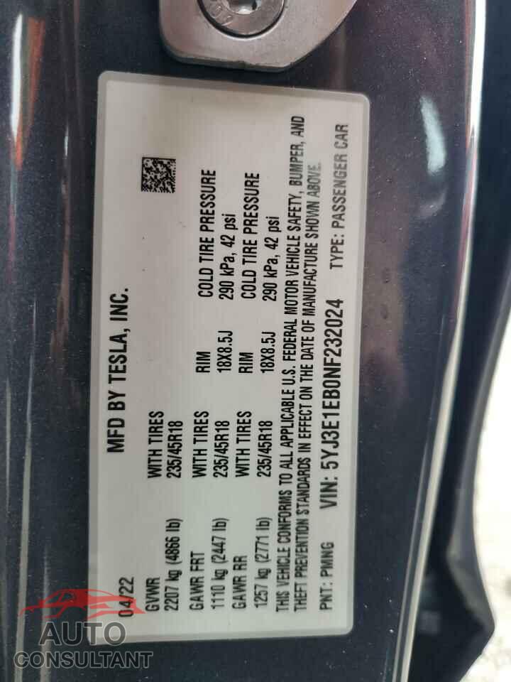 TESLA MODEL 3 2022 - 5YJ3E1EB0NF232024