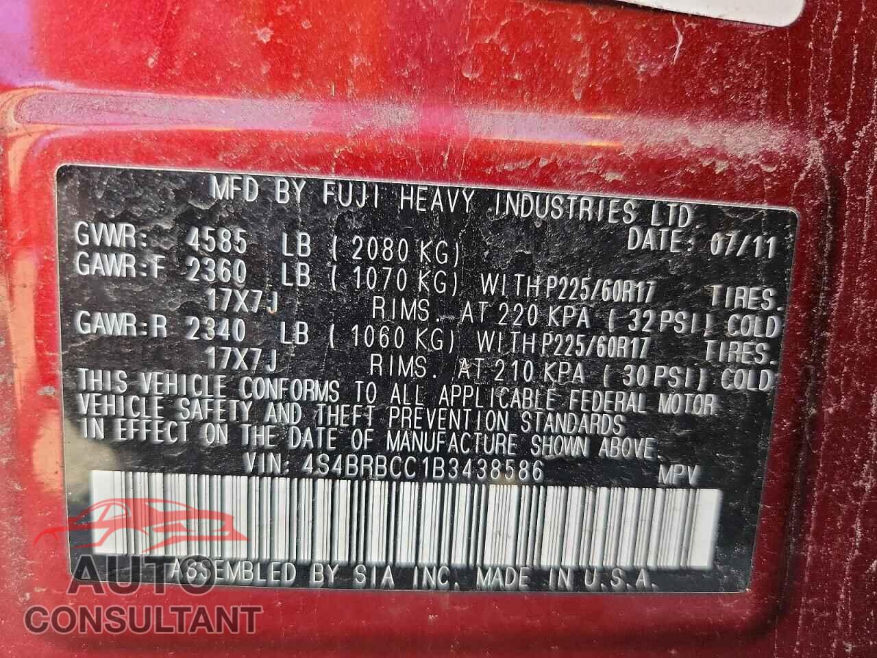 SUBARU OUTBACK 2011 - 4S4BRBCC1B3438586