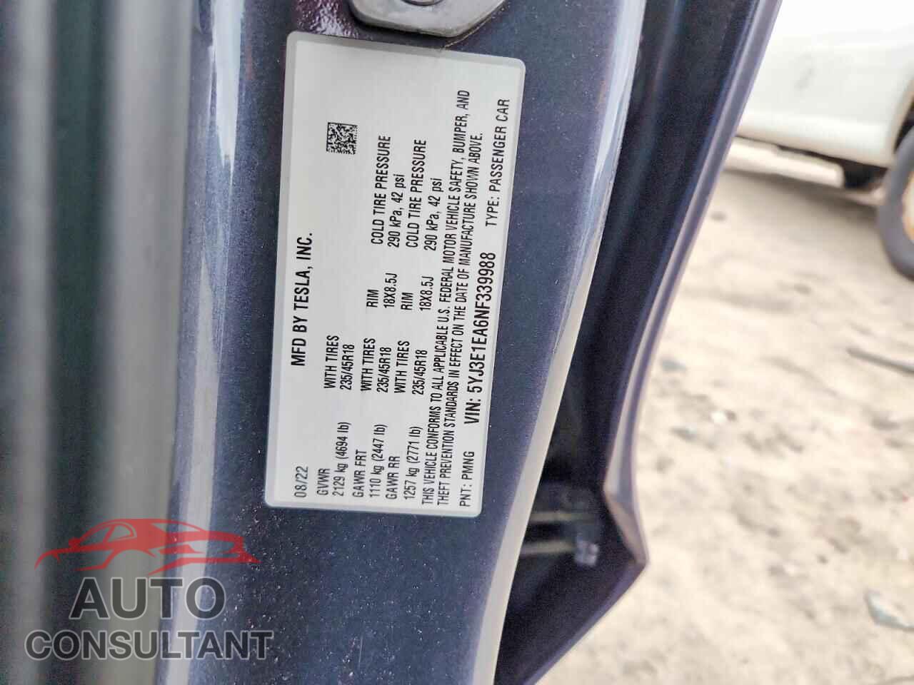 TESLA MODEL 3 2022 - 5YJ3E1EA6NF339988