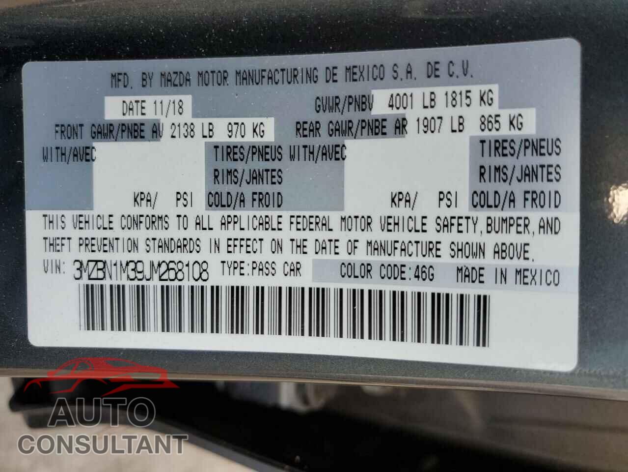 MAZDA 3 2018 - 3MZBN1M39JM268108