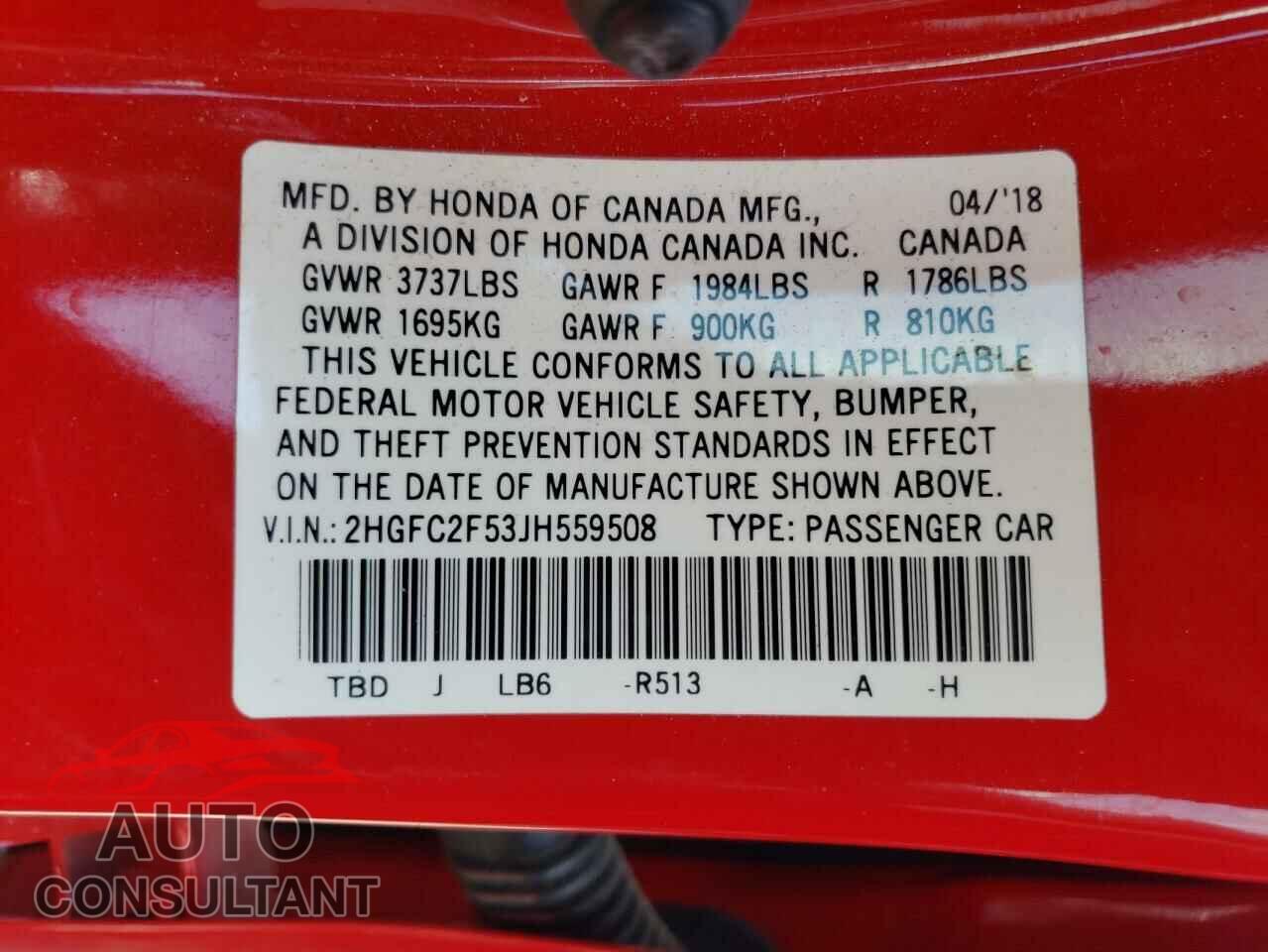 HONDA CIVIC 2018 - 2HGFC2F53JH559508