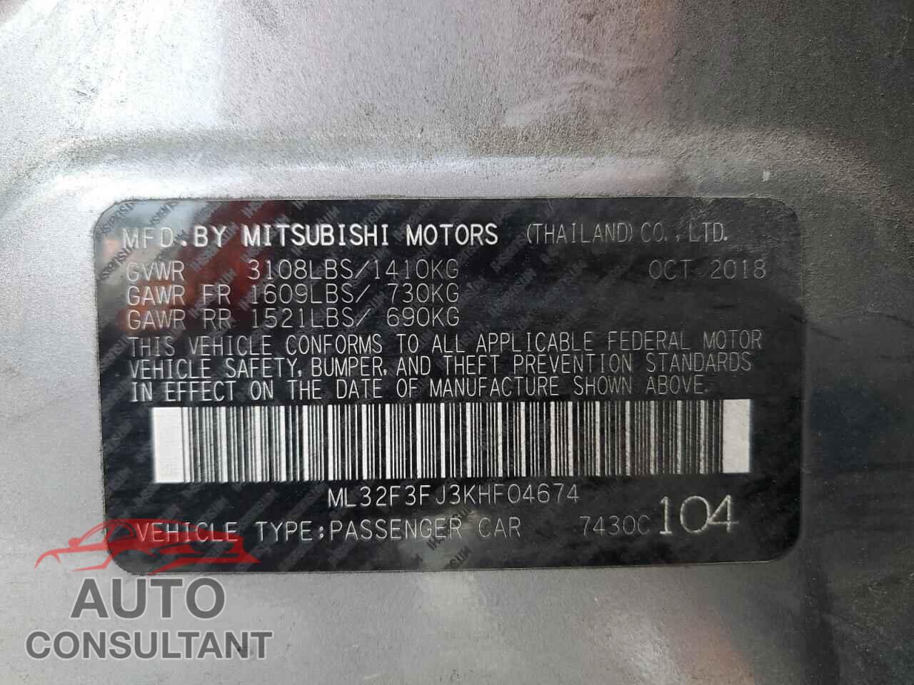 MITSUBISHI MIRAGE 2019 - ML32F3FJ3KHF04674